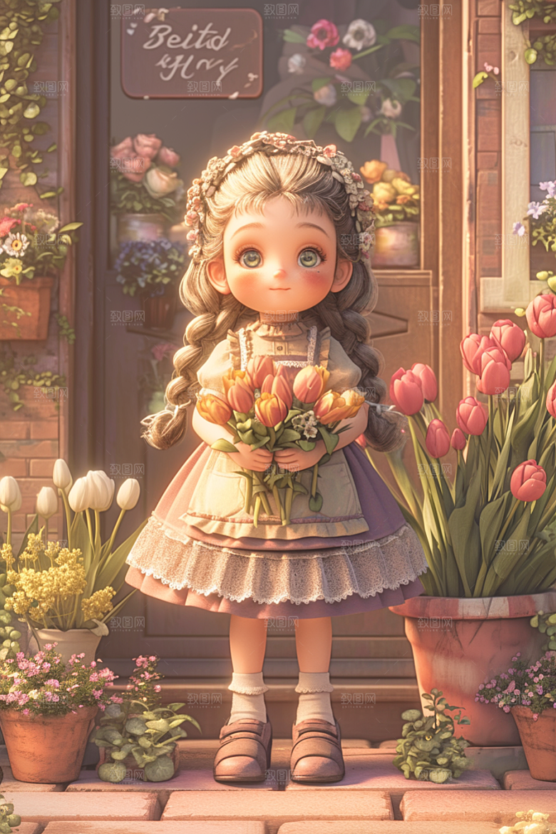 手捧鲜花的少女春天唯美素材