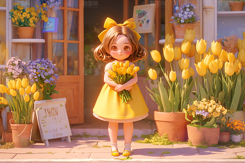 手捧鲜花的少女模型梦幻素材