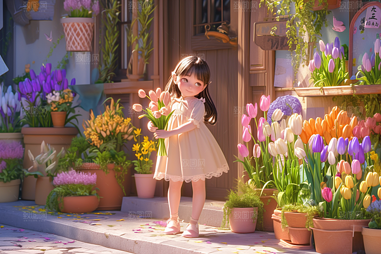 手捧鲜花的少女人物3D素材
