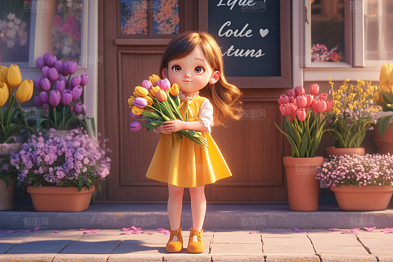 手捧鲜花的少女3D模型素材