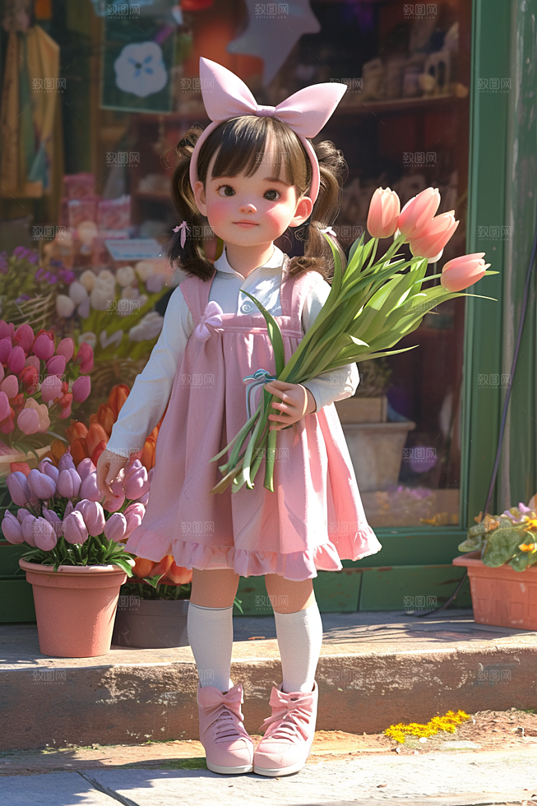 手捧鲜花的少女3D立体素材