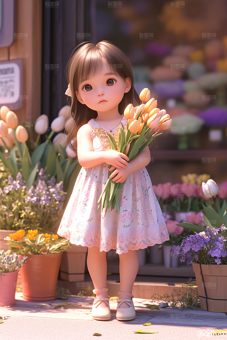 手捧鲜花的少女烂漫自然素材