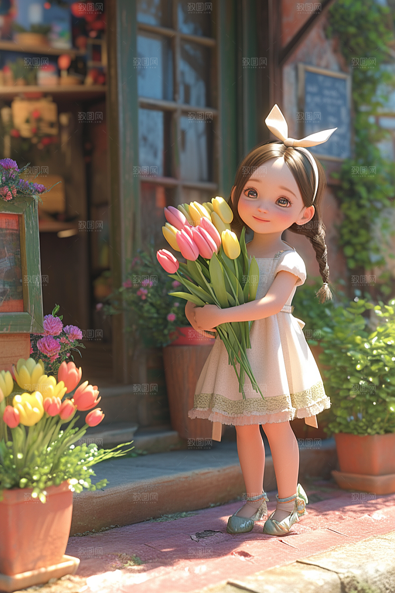 手捧鲜花的少女梦幻模型素材