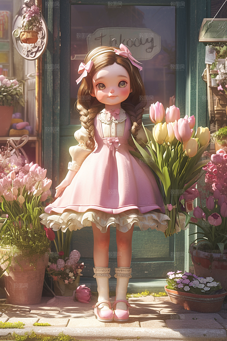 手捧鲜花的少女3D烂漫素材