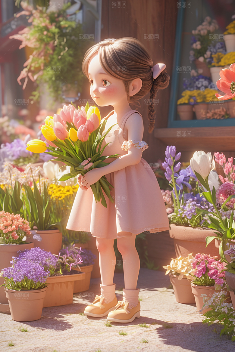 手捧鲜花的少女人物清新素材