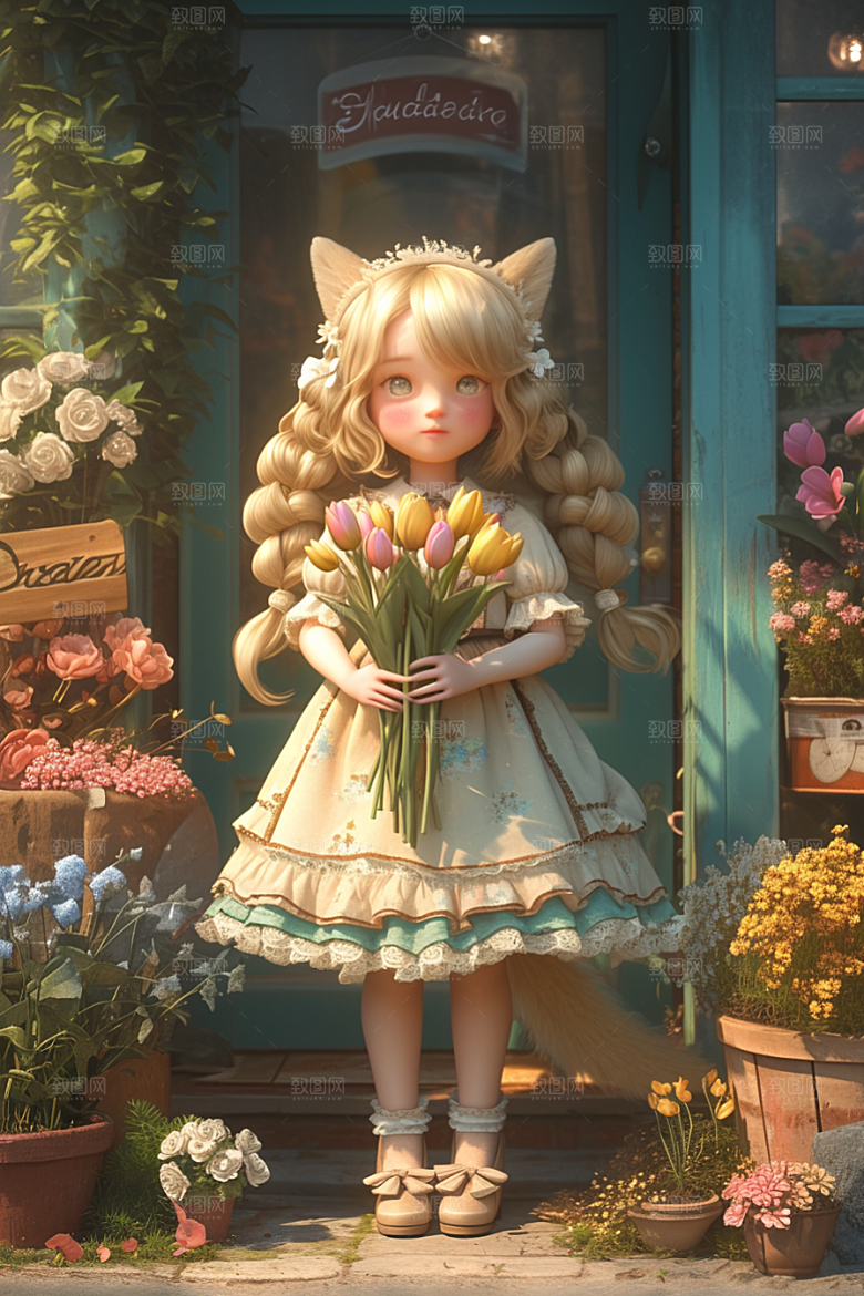 手捧鲜花的少女花朵清新素材
