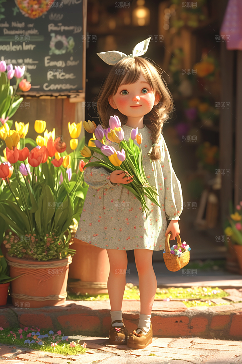手捧鲜花的少女3D人物素材