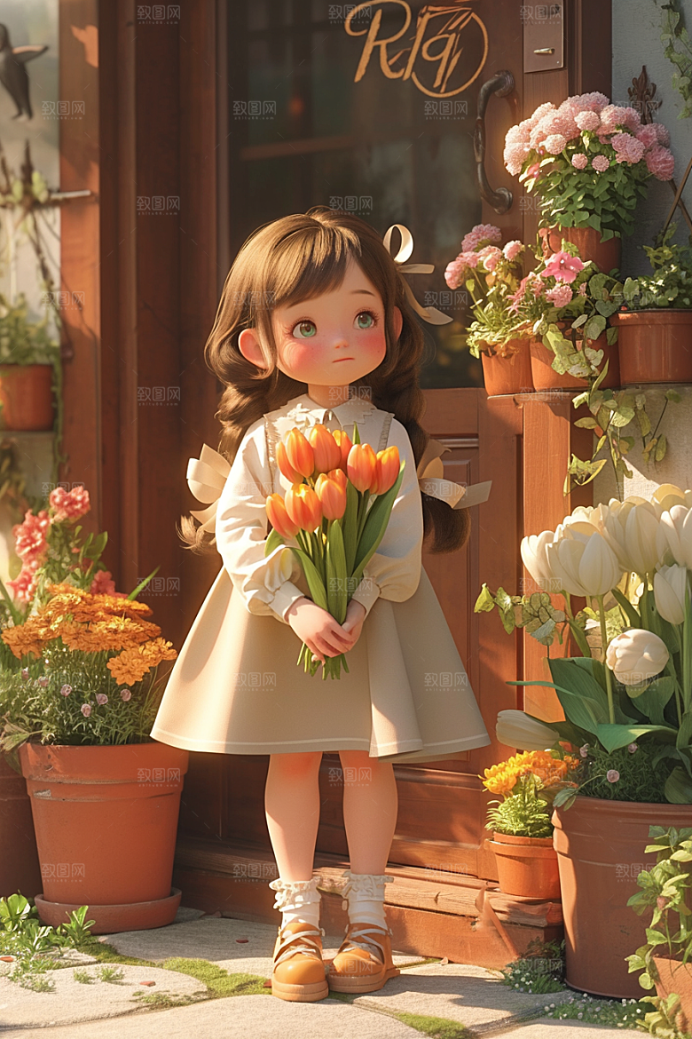 手捧鲜花的少女梦幻3D素材