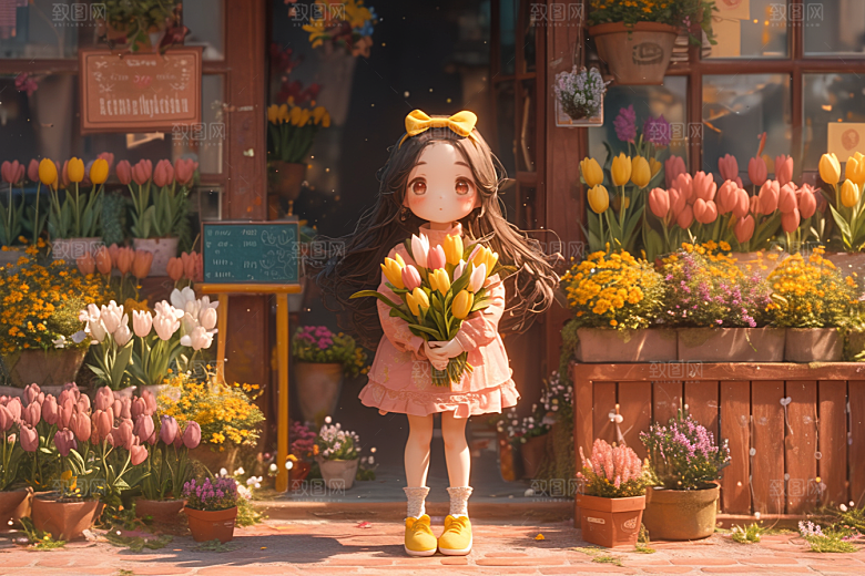 手捧鲜花的少女春天烂漫素材