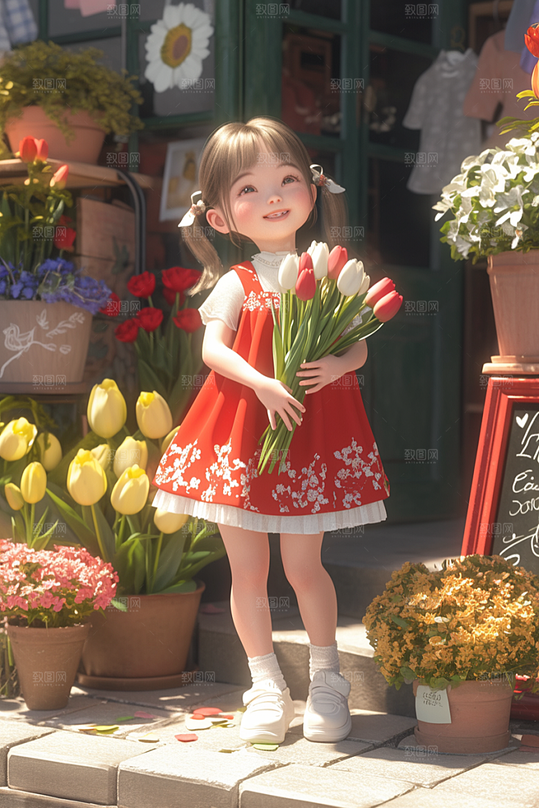 手捧鲜花的少女立体梦幻素材