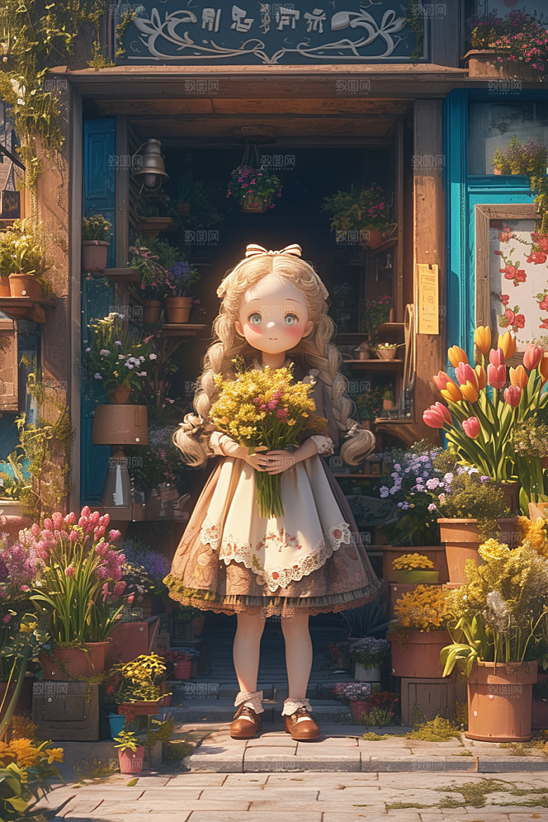 手捧鲜花的少女花朵烂漫素材