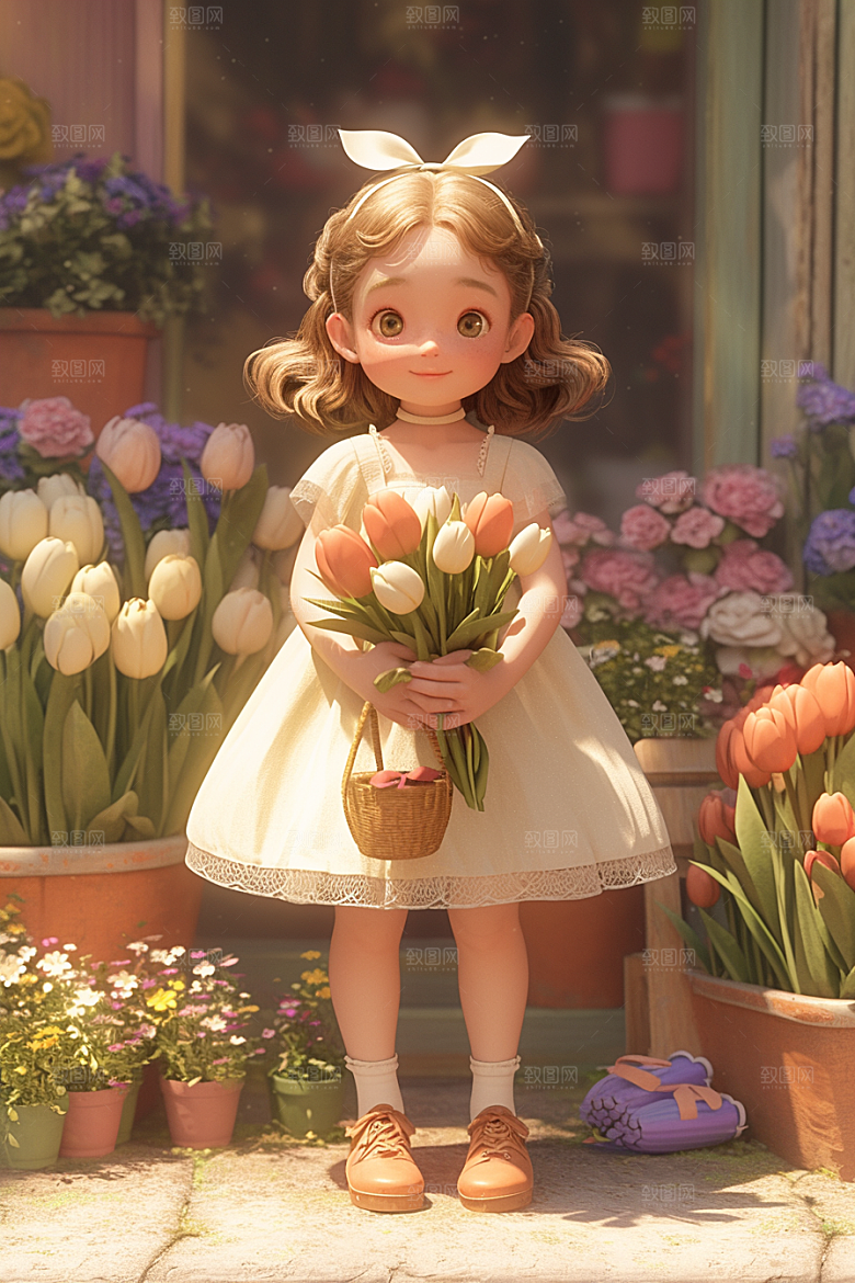 手捧鲜花的少女青春自然素材