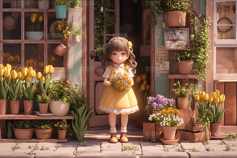 手捧鲜花的少女唯美模型素材
