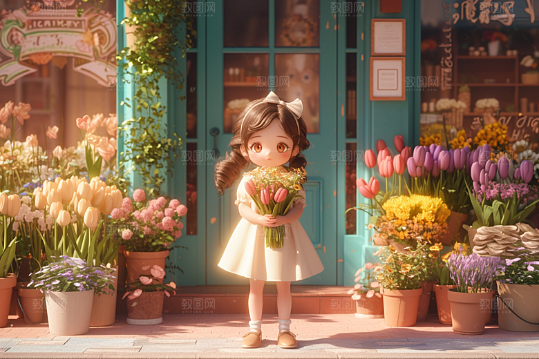 手捧鲜花的少女立体春天素材