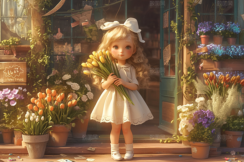 手捧鲜花的少女梦幻模型素材