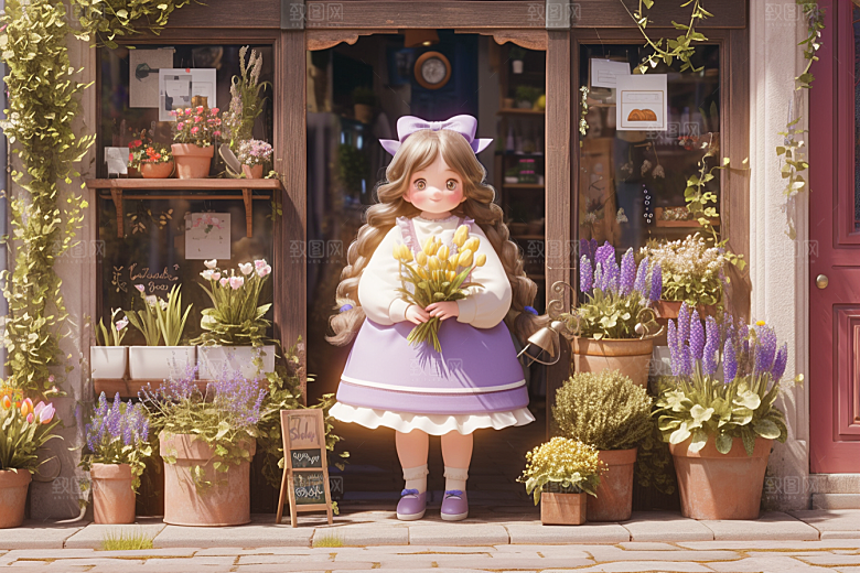 手捧鲜花的少女梦幻清新素材