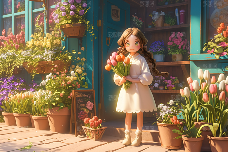 手捧鲜花的少女唯美清新素材
