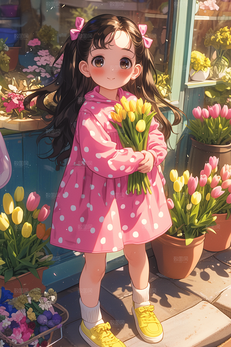 手捧鲜花的少女人物3D素材