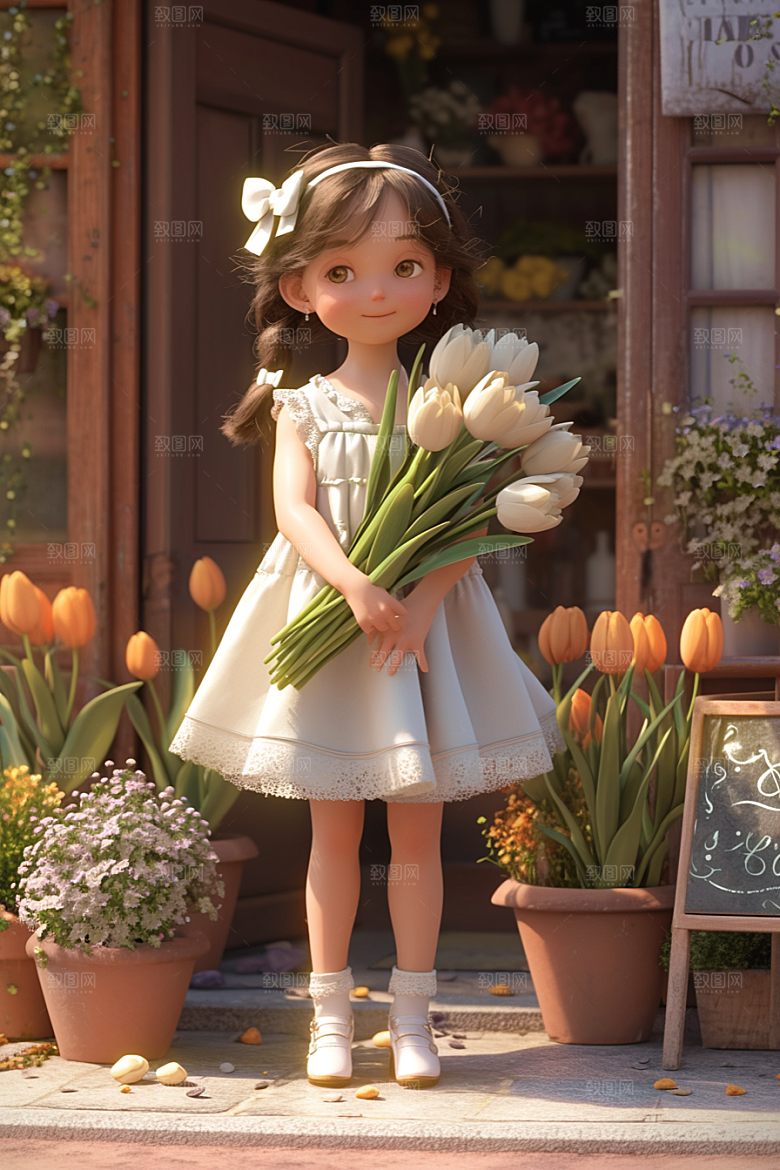 手捧鲜花的少女烂漫立体素材