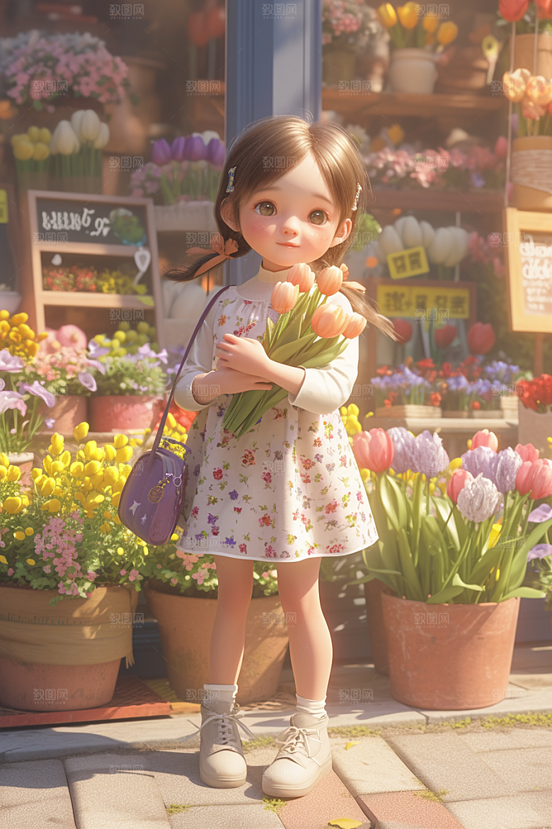 手捧鲜花的少女烂漫人物素材