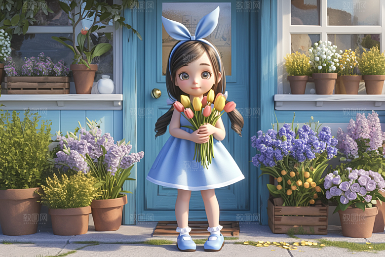 手捧鲜花的少女3D烂漫素材
