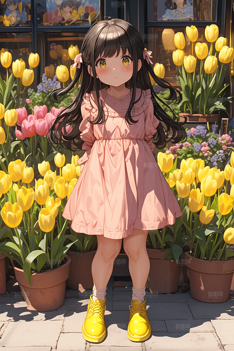 手捧鲜花的少女清新3D素材