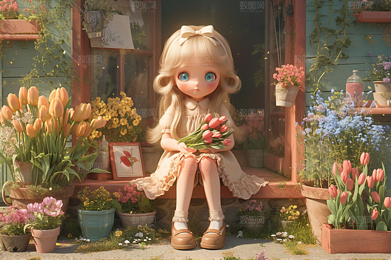 手捧鲜花的少女飞舞的裙摆梦幻素材