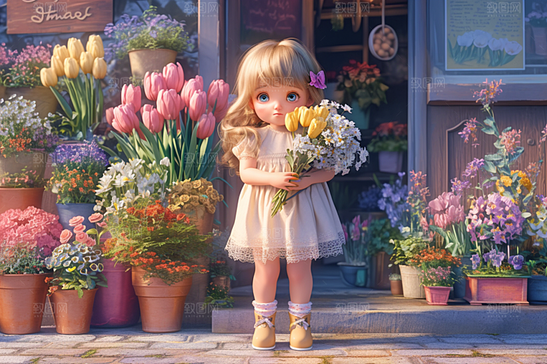 手捧鲜花的少女3D青春素材