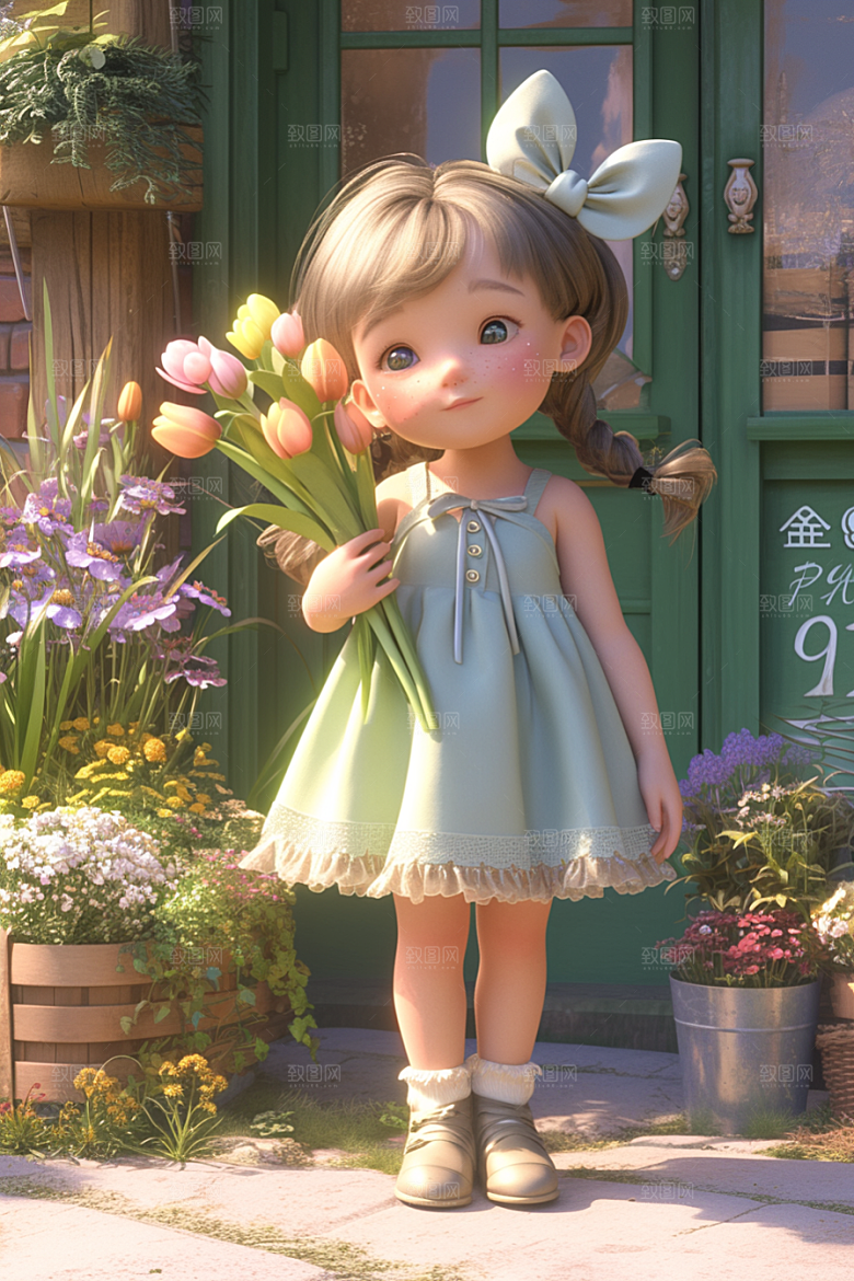 手捧鲜花的少女烂漫梦幻素材