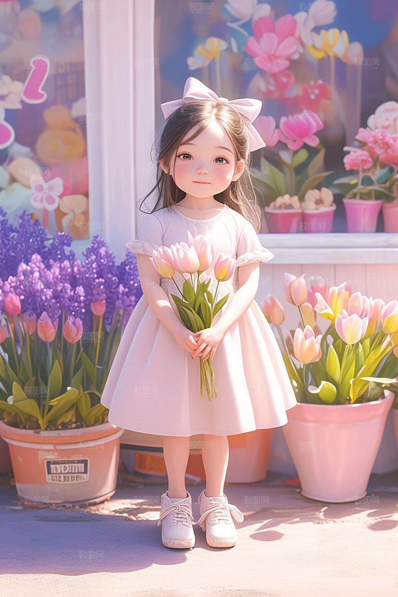 手捧鲜花的少女3D肖像素材