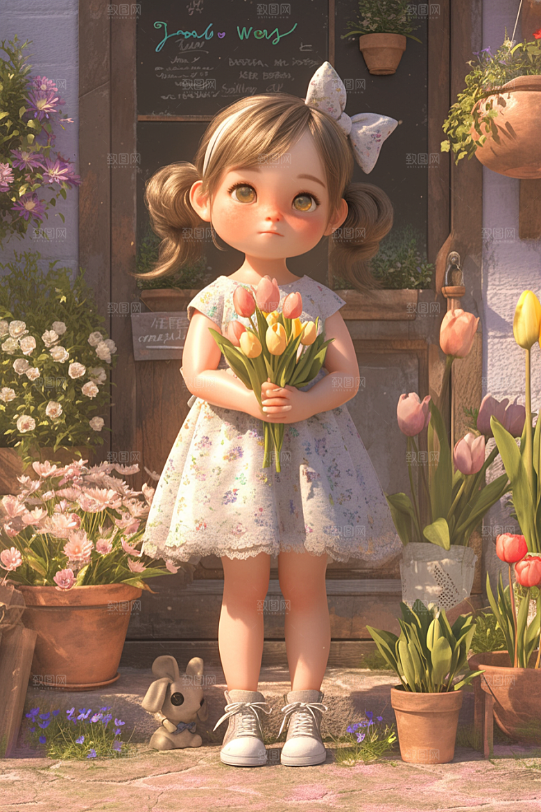 手捧鲜花的少女唯美花朵素材