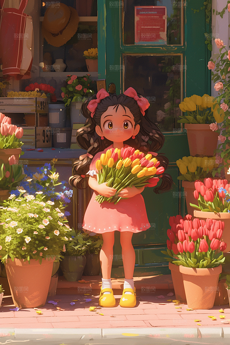 手捧鲜花的少女梦幻人物素材
