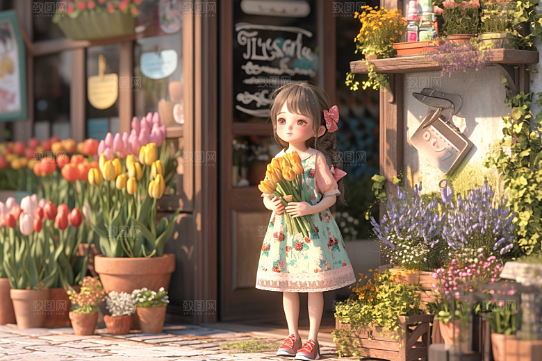 手捧鲜花的少女自然梦幻素材