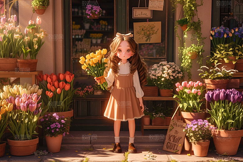 手捧鲜花的少女自然烂漫素材