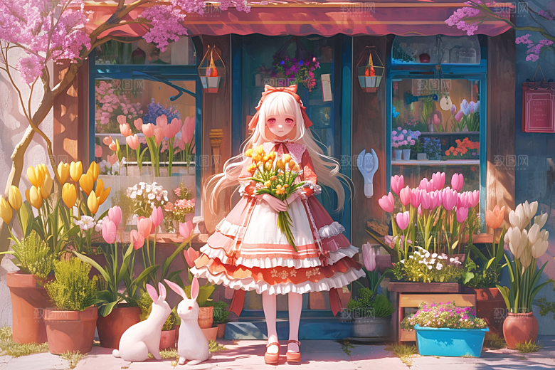 手捧鲜花的少女自然春天素材