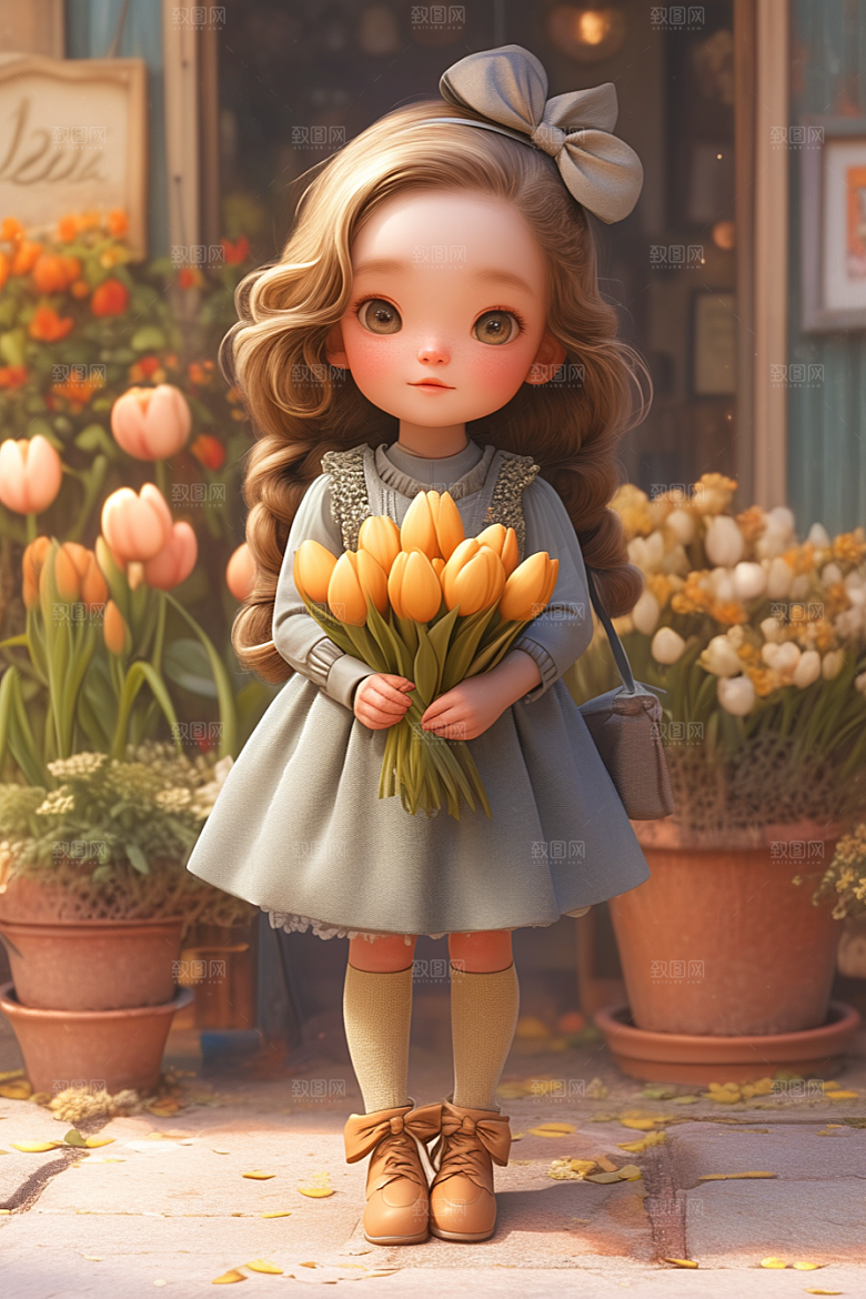 手捧鲜花的少女自然梦幻素材