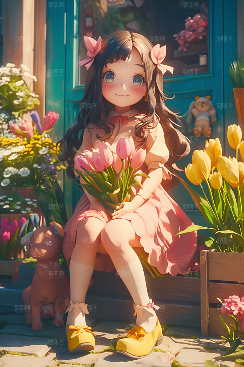 手捧鲜花的少女清新唯美素材