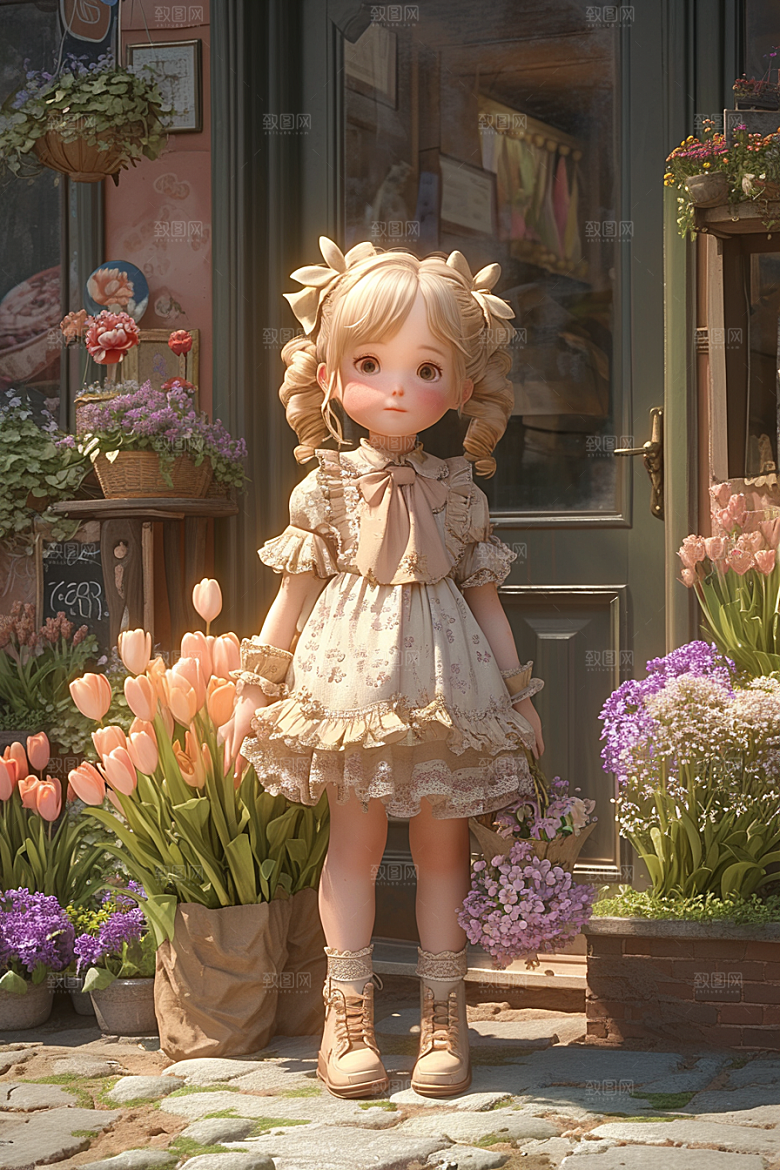 手捧鲜花的少女自然立体素材