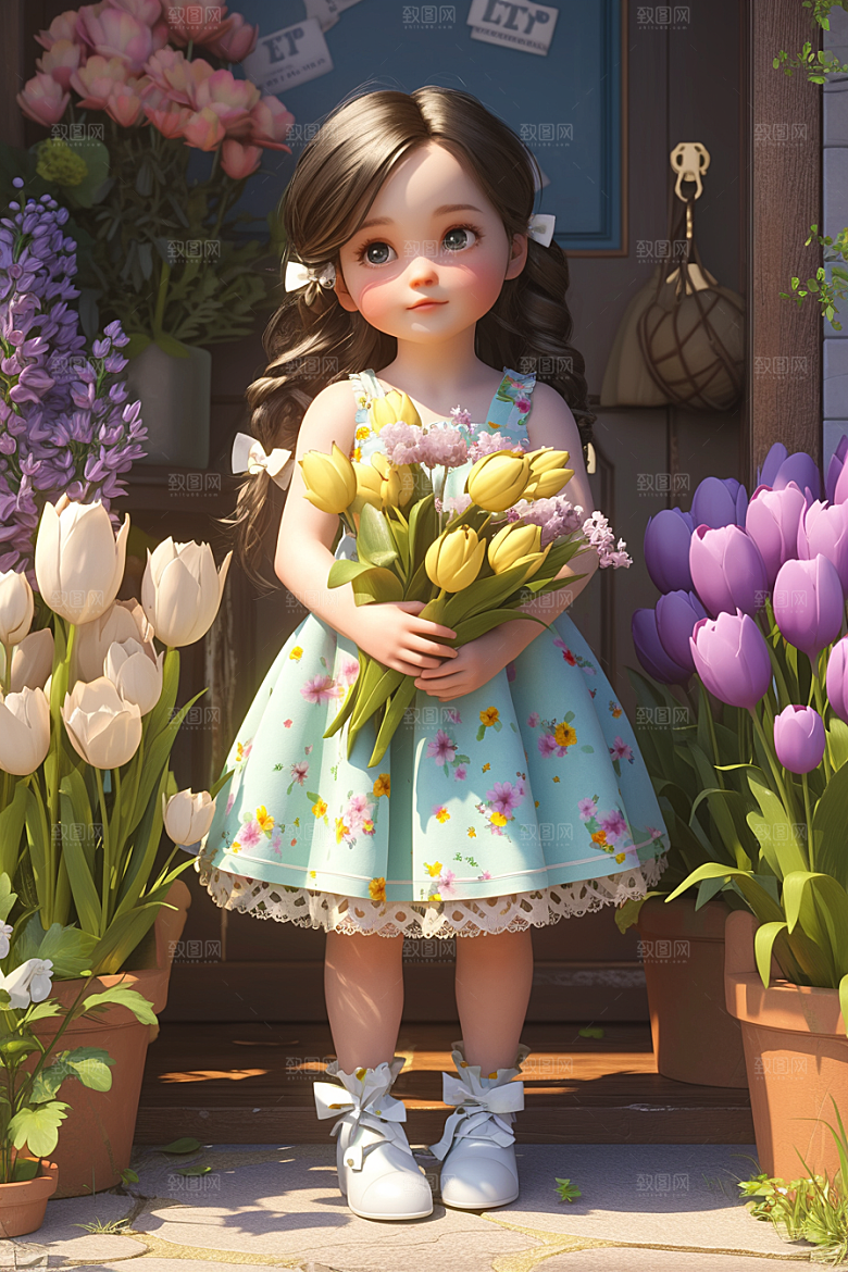 手捧鲜花的少女唯美青春素材