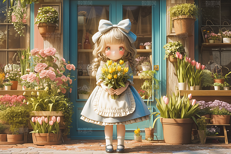 手捧鲜花的少女花朵模型素材