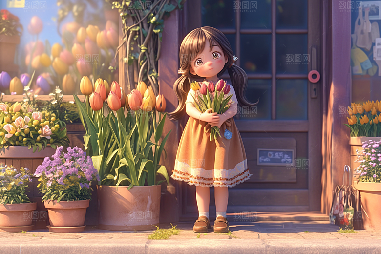 手捧鲜花的少女梦幻花朵素材