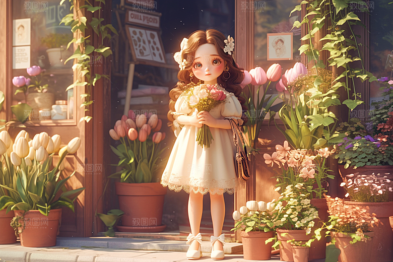 手捧鲜花的少女花朵梦幻素材
