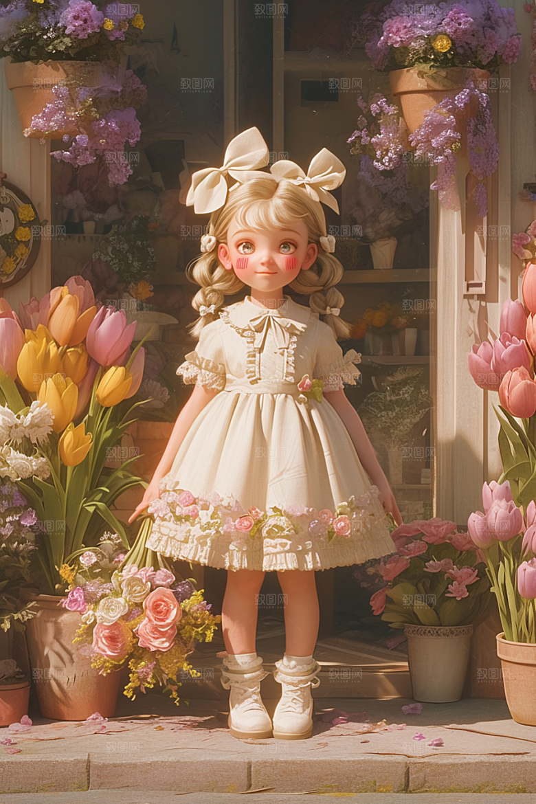 手捧鲜花的少女梦幻唯美素材