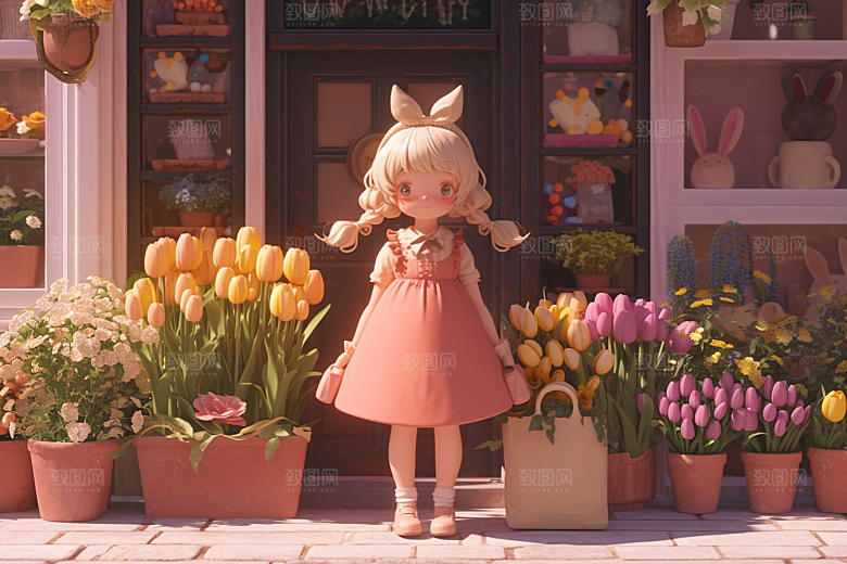 手捧鲜花的少女肖像立体素材