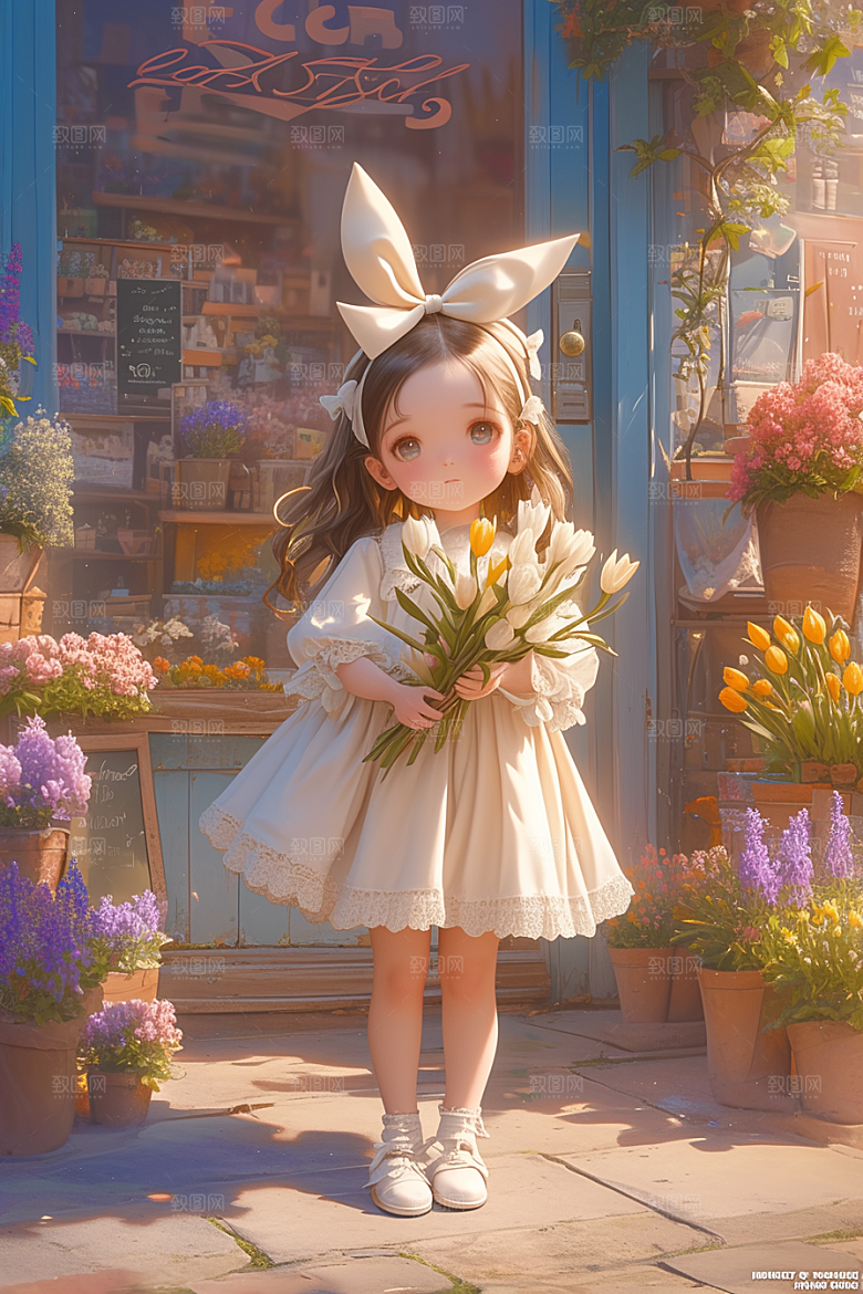 手捧鲜花的少女立体烂漫素材
