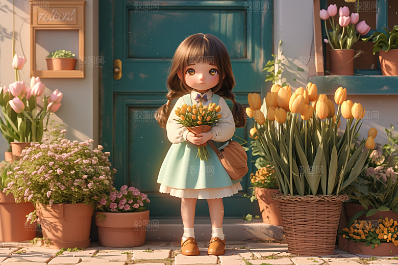 手捧鲜花的少女唯美3D素材