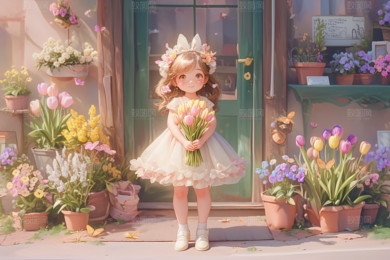 手捧鲜花的少女唯美自然素材