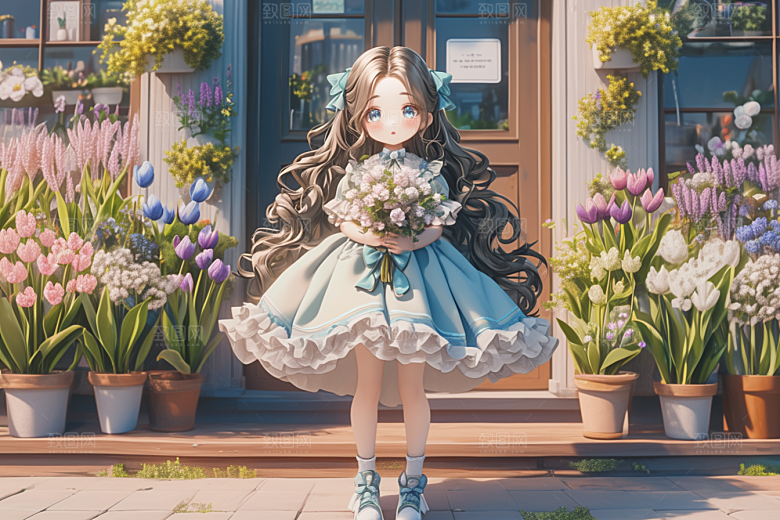 手捧鲜花的少女梦幻清新素材
