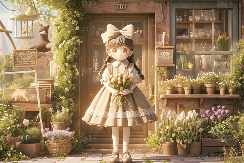 手捧鲜花的少女青春唯美素材