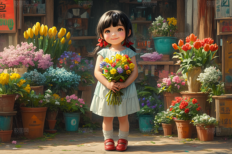 手捧鲜花的少女3D梦幻素材
